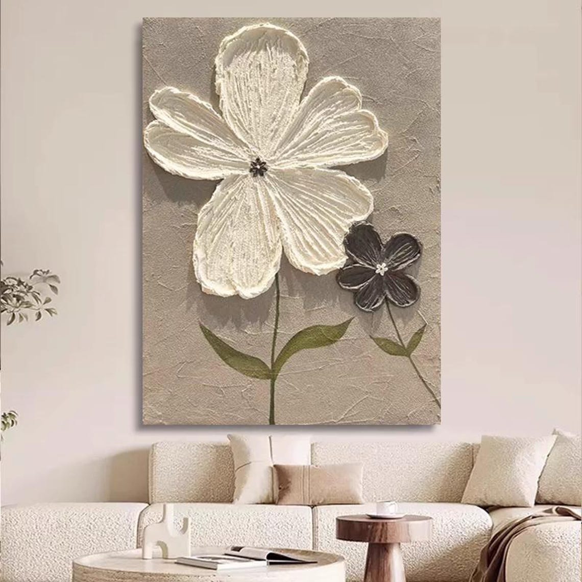 White Black 3D Flowers Textured Botanical Vertical Textured Wall Art - Image 2