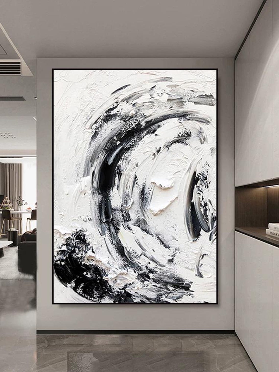 Dynamic Black and White Circular Swirl Brushwork Abstract Poster - Image 3