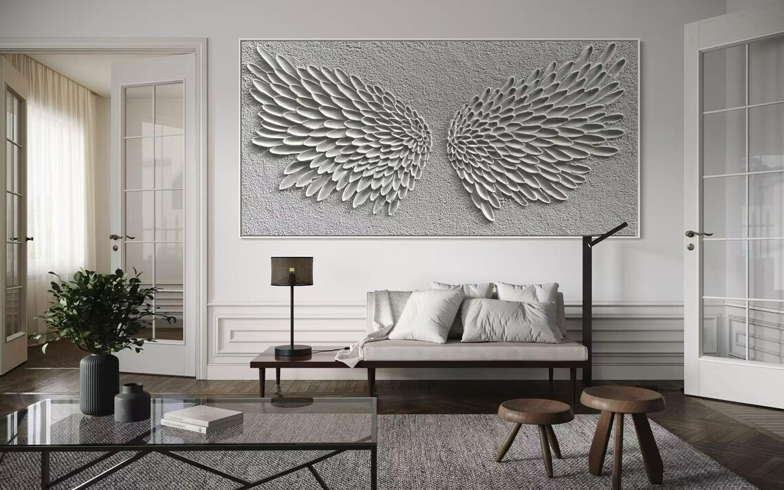 Spread White Angel Wings Sculpted Feather Relief 3D Canvas Poster - Image 2