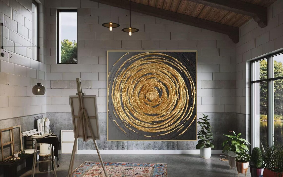 Gold Circle With Black Background, Modern Abstract Art Print - Image 3