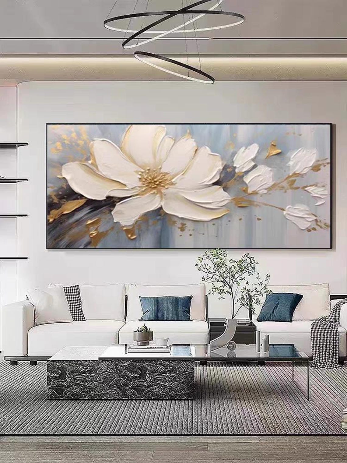 Horizontal White Bloom with Gold Accents Modern Floral Poster - Image 2