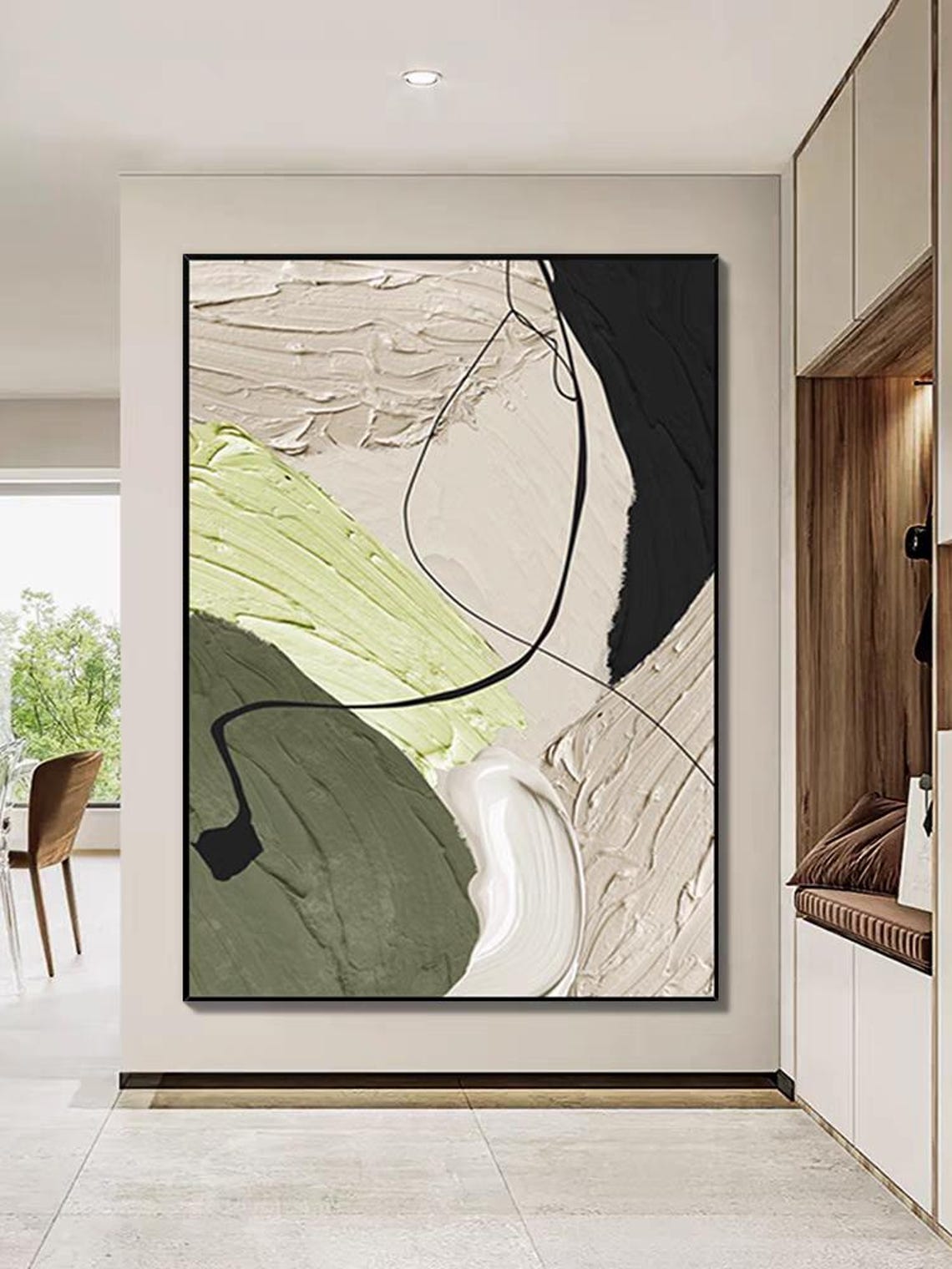 Handmade Large Beige Green Yellow Art Abstract Black White Wall Decor 3d Texture Oil Art Color Block And Line Acrylic Painting On - Image 3
