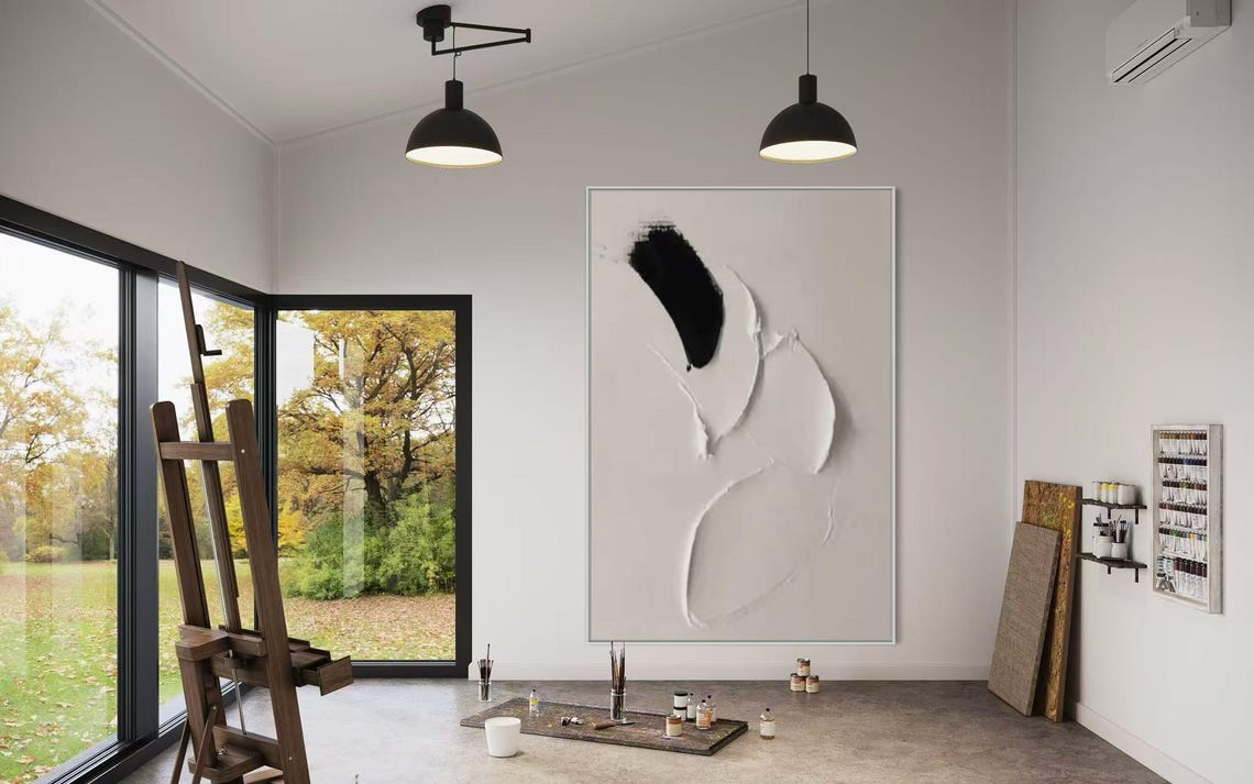 Bold Black Curved Stroke on Sculptural White Minimalist Art Poster - Image 2