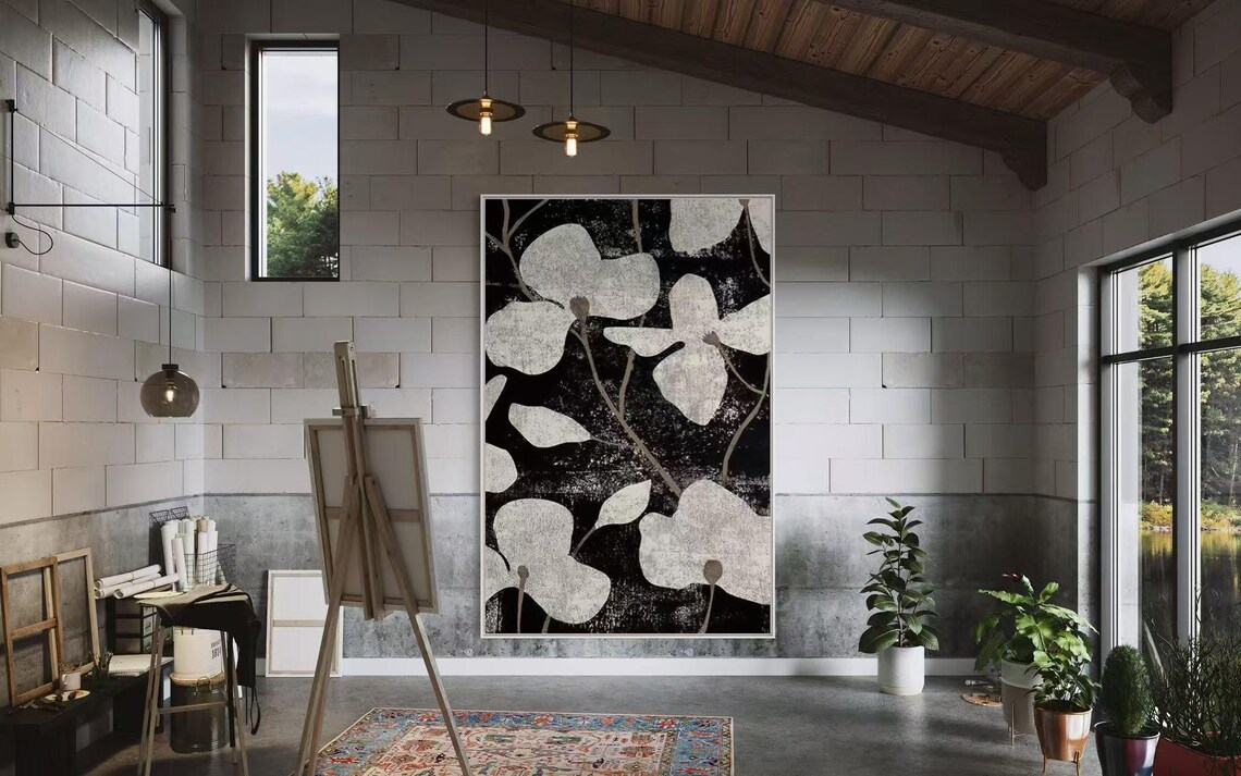 Cream Floral Silhouettes on Black Textured Botanical Vertical Poster - Image 2