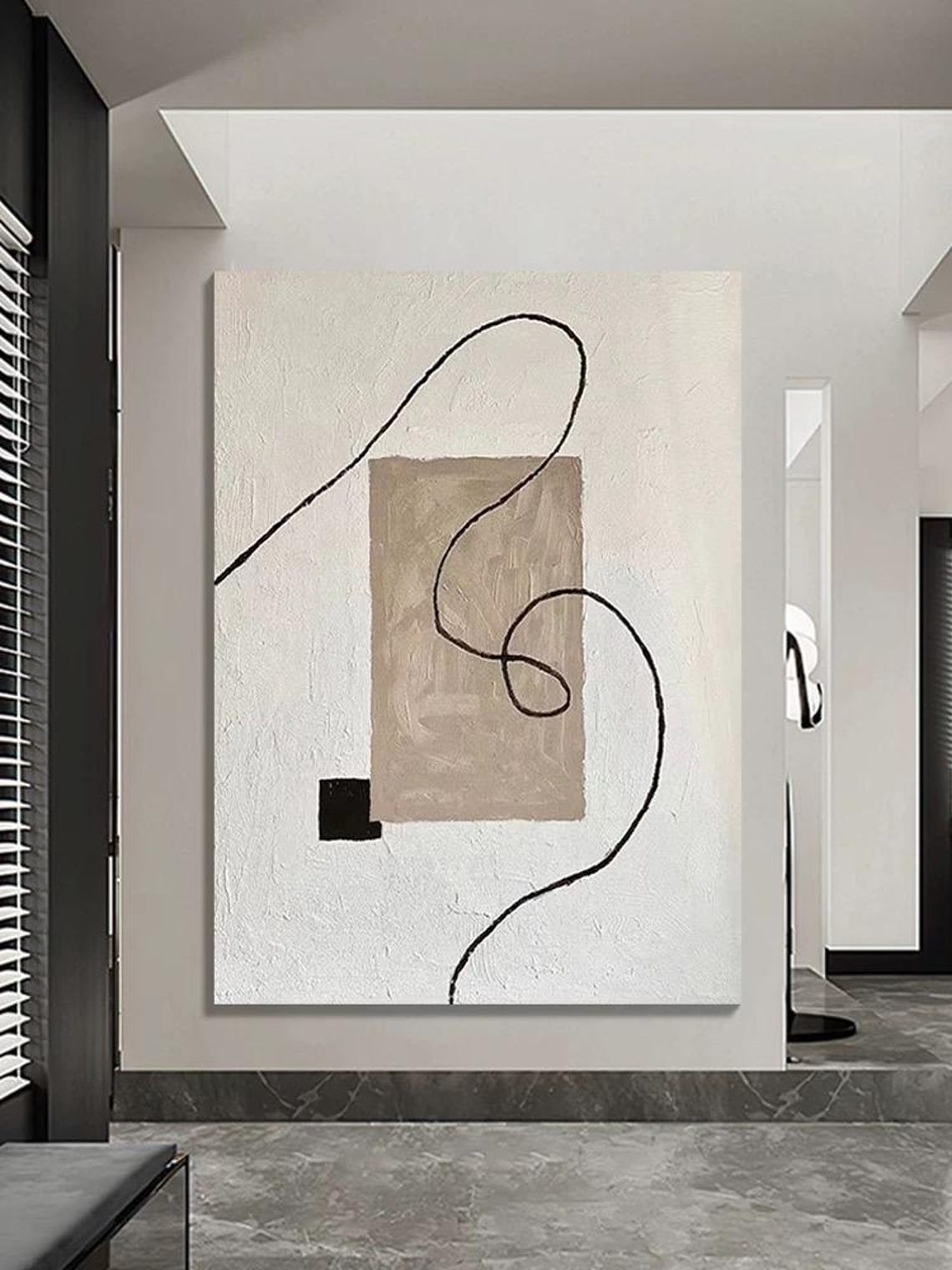 Black Line Art Beige Block On White Minimalist Abstract Poster - Image 3
