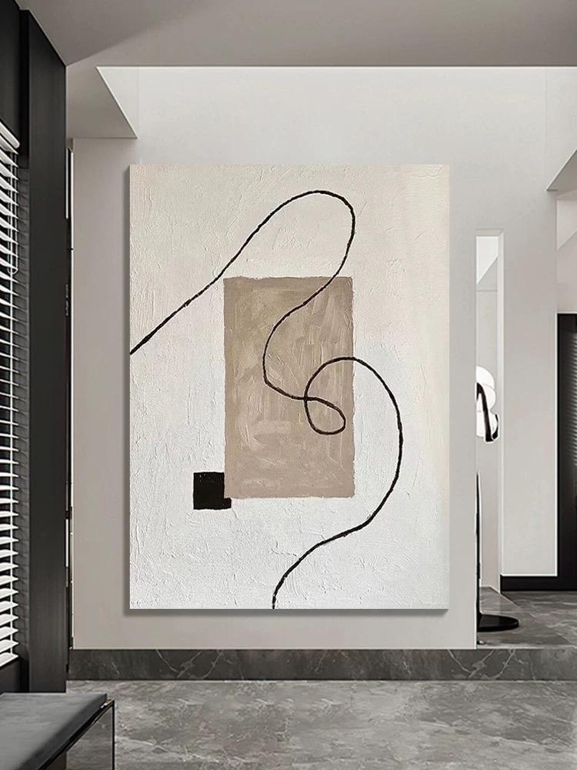 Pure White Background With Black Line Art Modern Simple Style Painting Beige White Acrylic Artwork Large Home Wall Artwork Decor - Image 3
