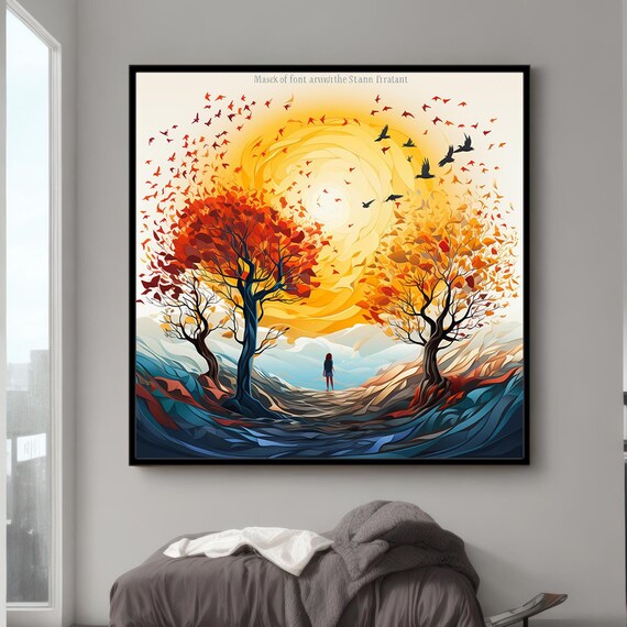 Girl in Bird Dress Among Birds Vibrant Colorful Nature Art Poster