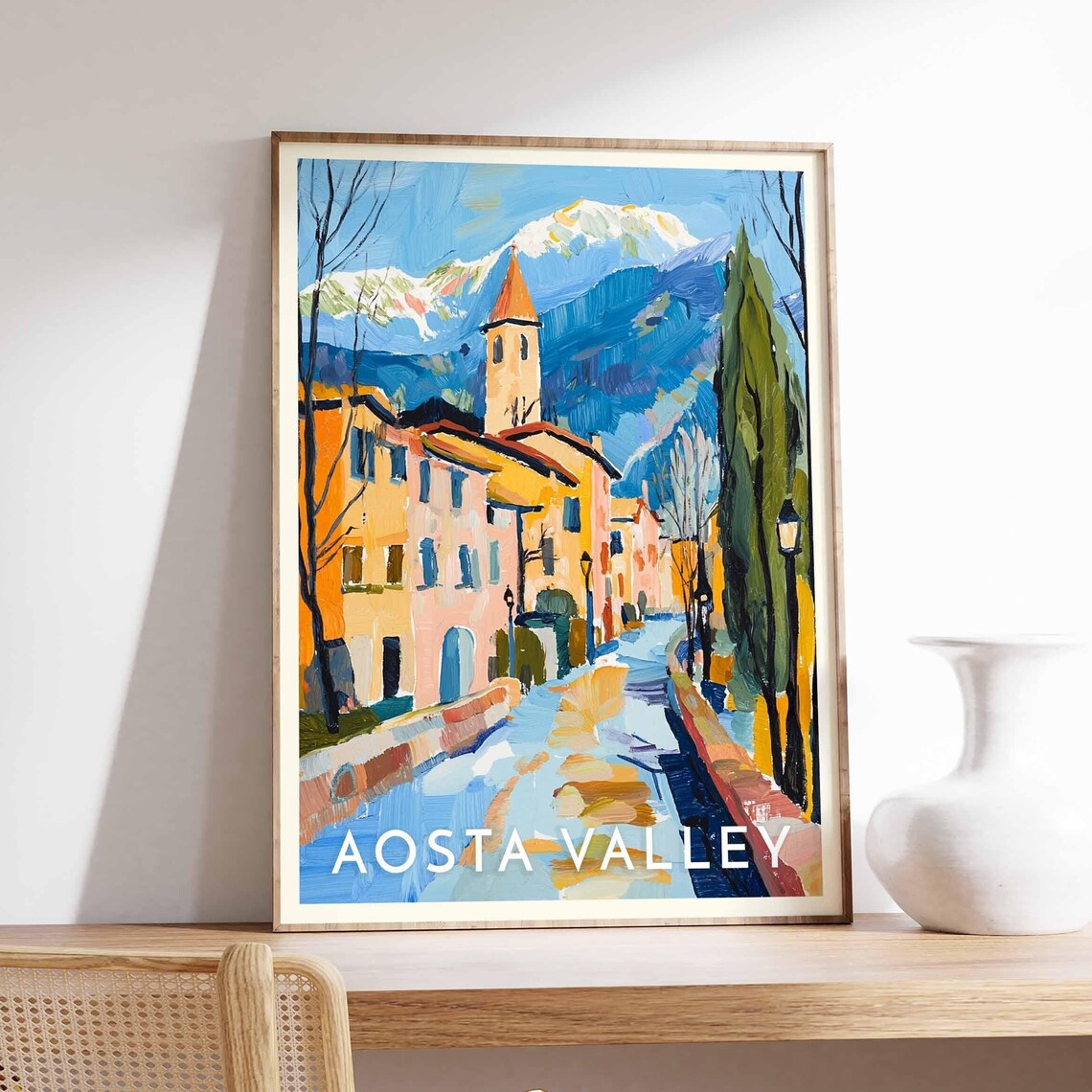 Aosta Valley Italy Fauvist Village Street Church Spire Poster
