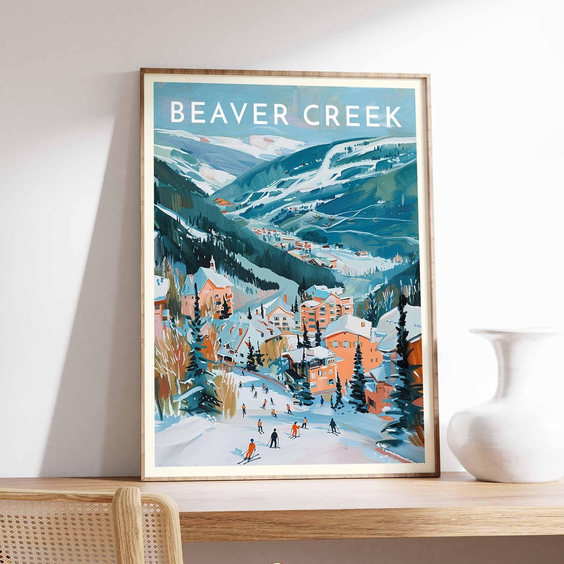 Beaver Creek Colorado Teal Mountain Valley Ski Poster with Skiers