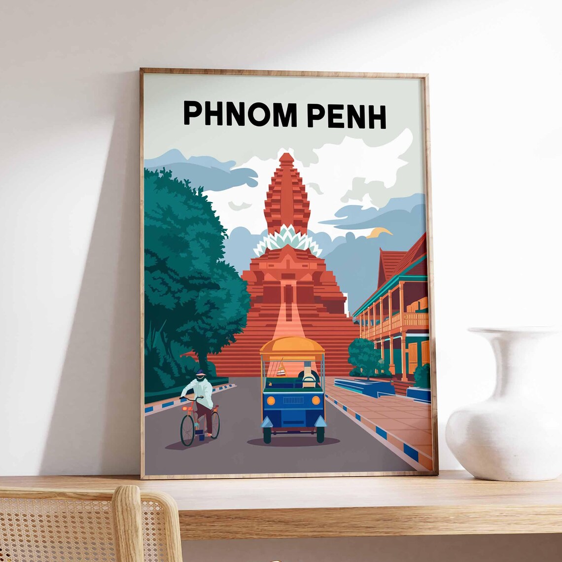 Phnom Penh Cambodia Tuk Tuk Street Temple Retro Travel Poster