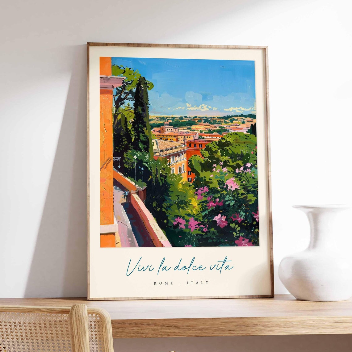 Rome Italy Terrace Rooftops Watercolor Garden View Travel Poster