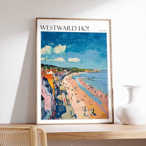 Westward Ho Poster North Devon Poster Uk Travel Poster Coastal Wall Art British Decor Surfing Travel Poster Westward Ho Travel Print