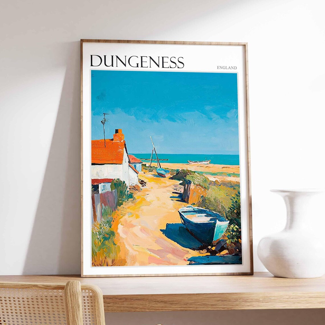 Dungeness England Cottage and Fishing Boats Beach Scene Poster
