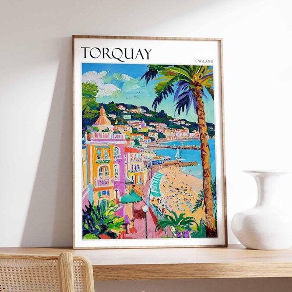 Torquay Pink Buildings Palm Beach Vivid Painterly England Coast Poster