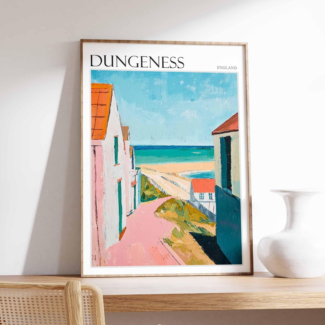 Dungeness England Pink Lane Between Pastel Seaside Cottages Poster