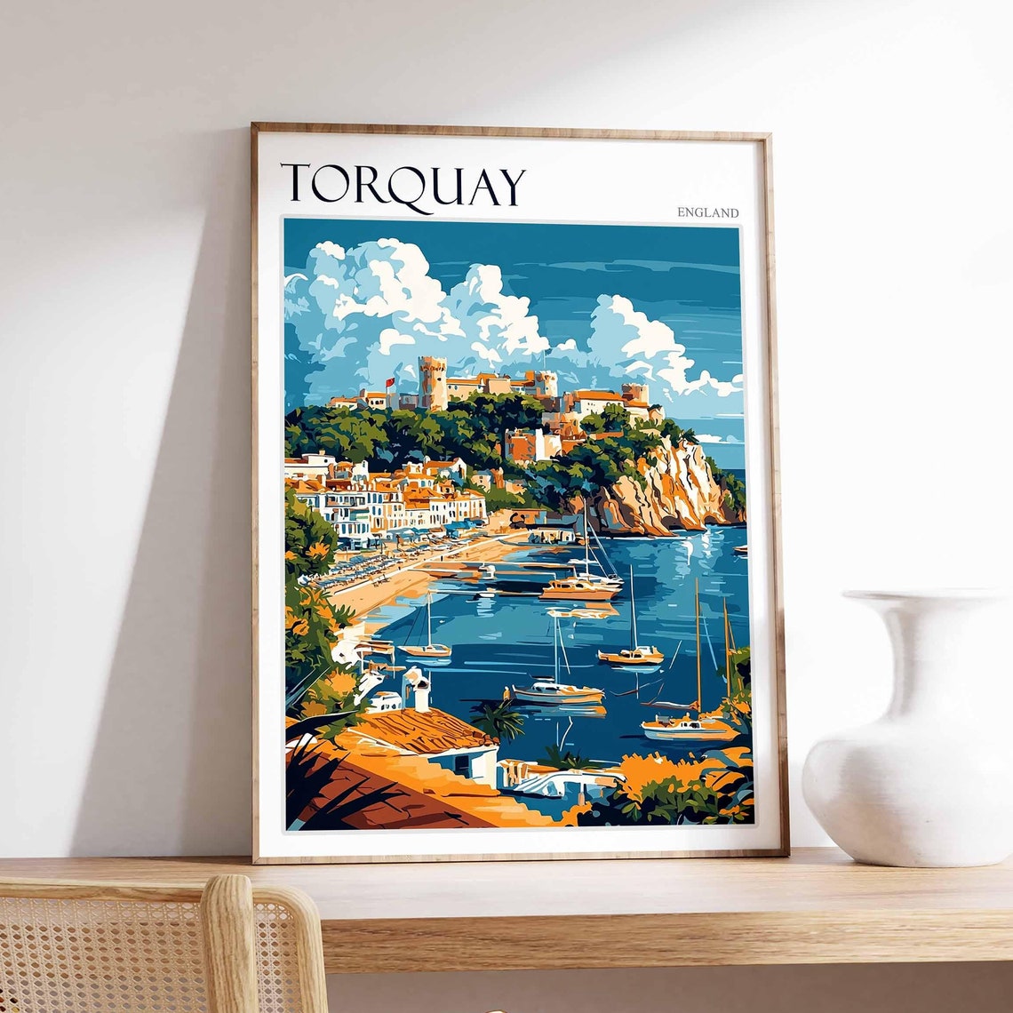 Torquay Harbor Sailboats Hilltop Castle Clouds Bright England Poster