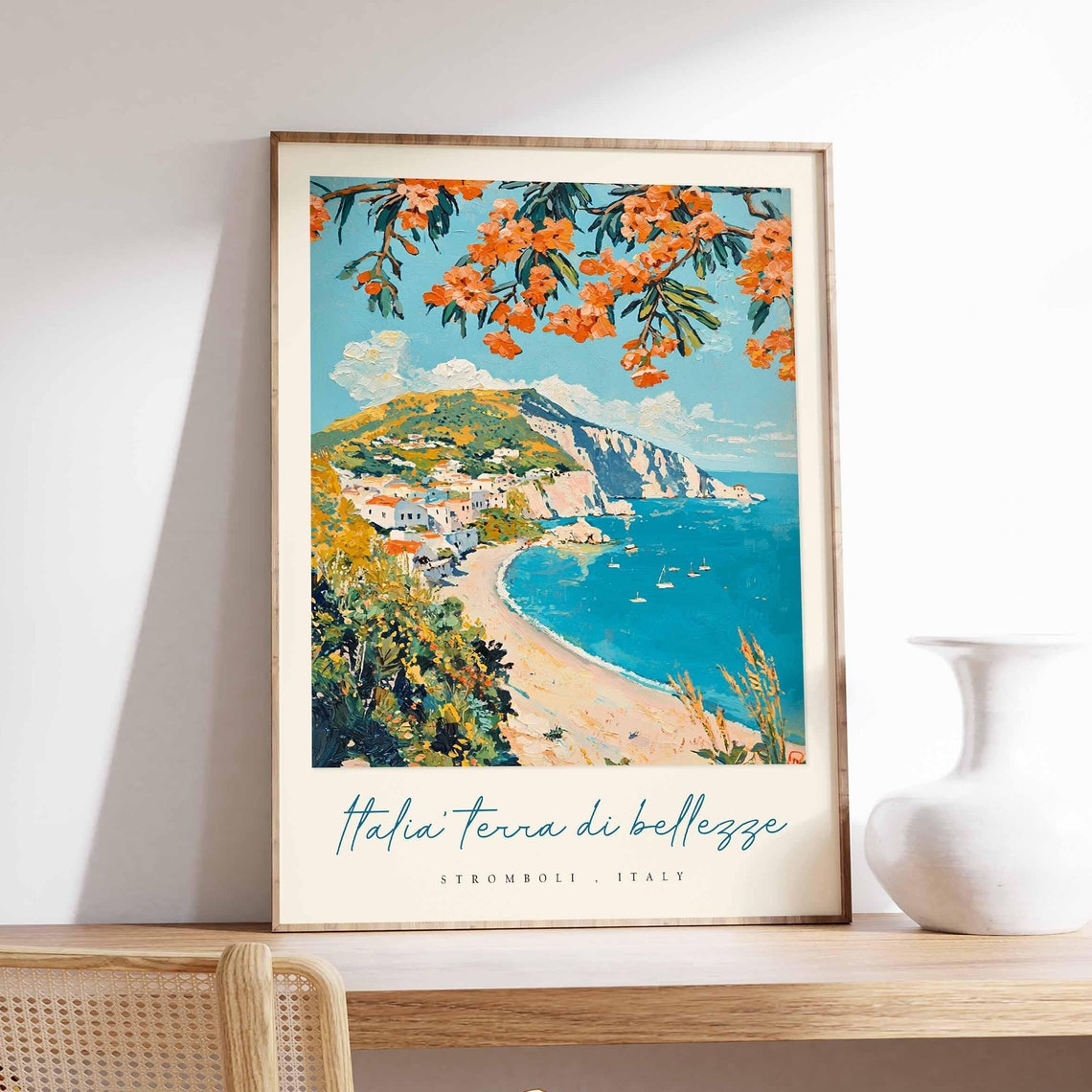 Stromboli Italy Bay Poster Beach Blossom Branches And Cliffs View