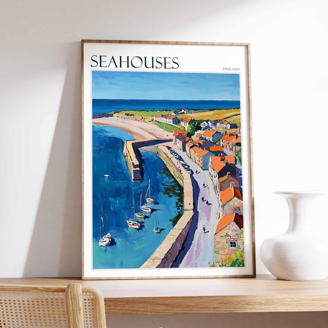 Seahouses Aerial Harbour View Sailing Boats Poster England Town