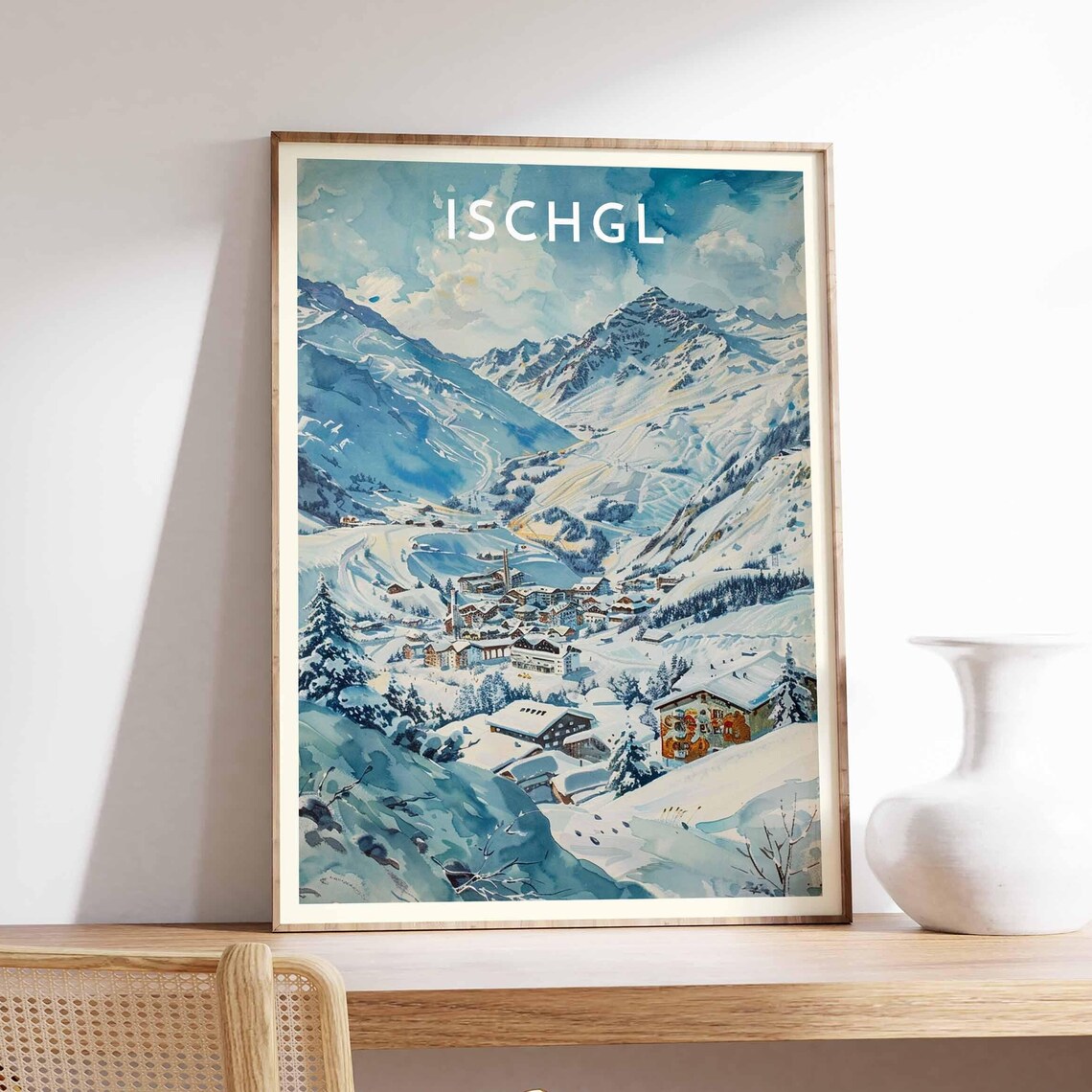 Ischgl Austria Watercolor Aerial Village Peaks Winter Poster