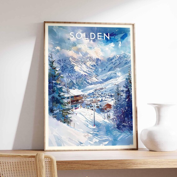 Sölden Austria Watercolor Mountain Hut and Village Alpine Poster