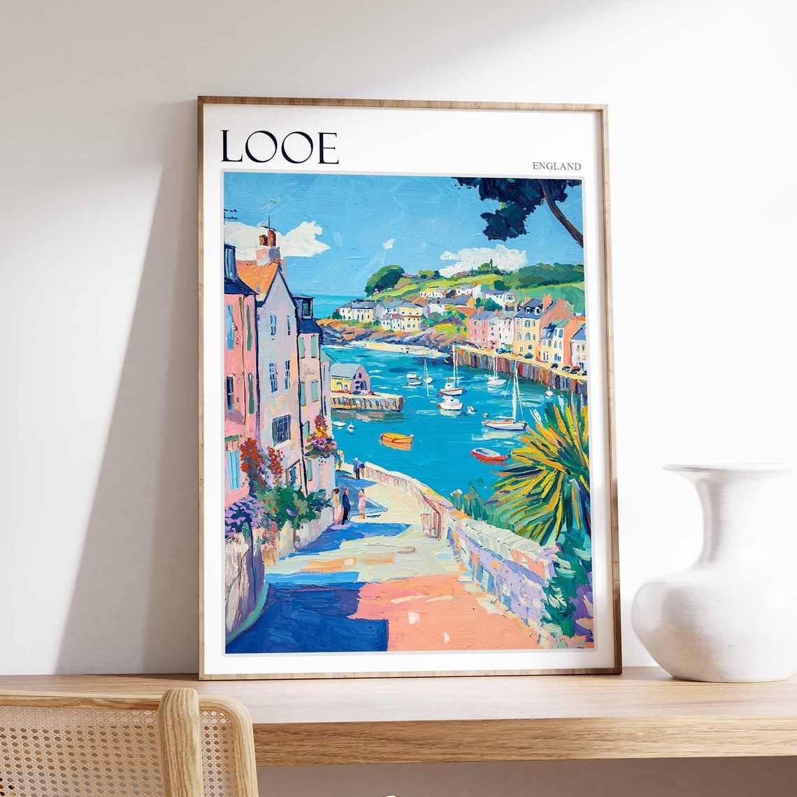 Looe England Coastal Path Palm Tree Boats Picturesque Bay Poster