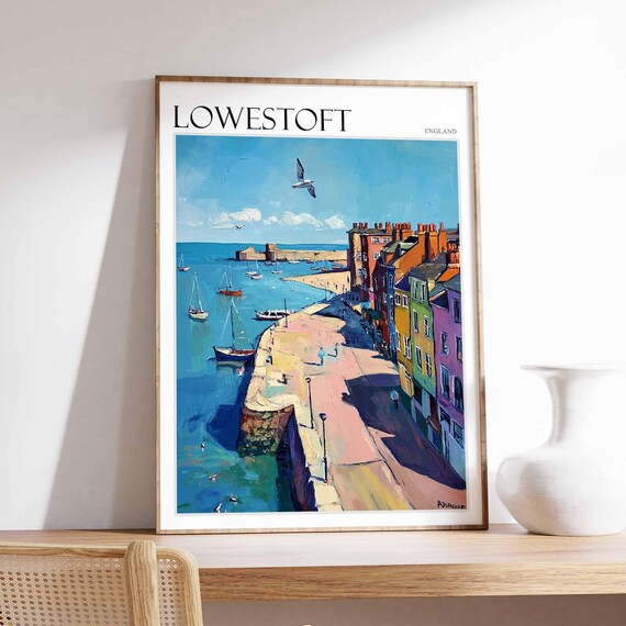 Lowestoft England Harbor Quay Colorful Boats Seagull Sea Poster