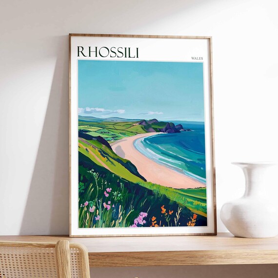Rhossili Wales Sweeping Bay Wildflower Foreground Painting Poster
