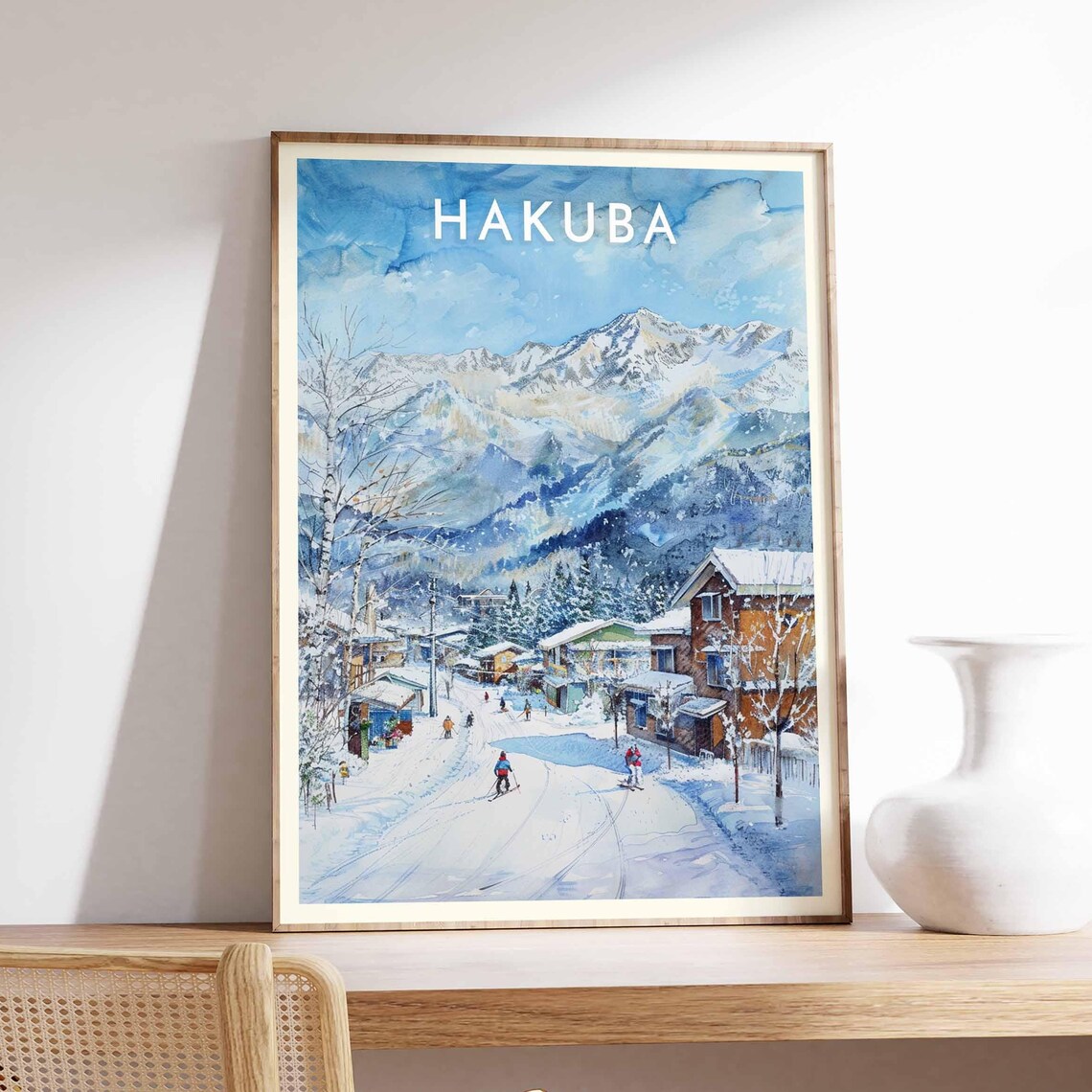 Hakuba Japan Watercolor Village Street Skiers Winter Scene Poster