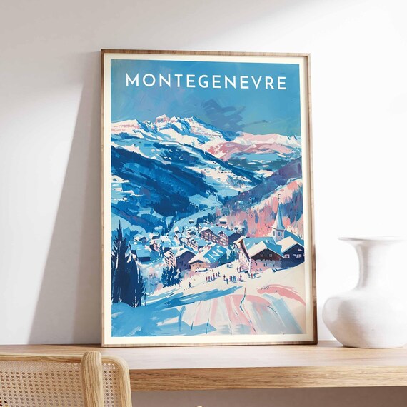 Montgenevre France Painterly Pink Blue Village Church Skiers Ski Poster