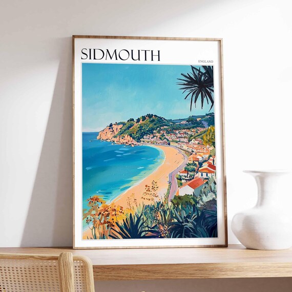 Sidmouth Curved Sandy Bay Coastal Travel Poster England Town