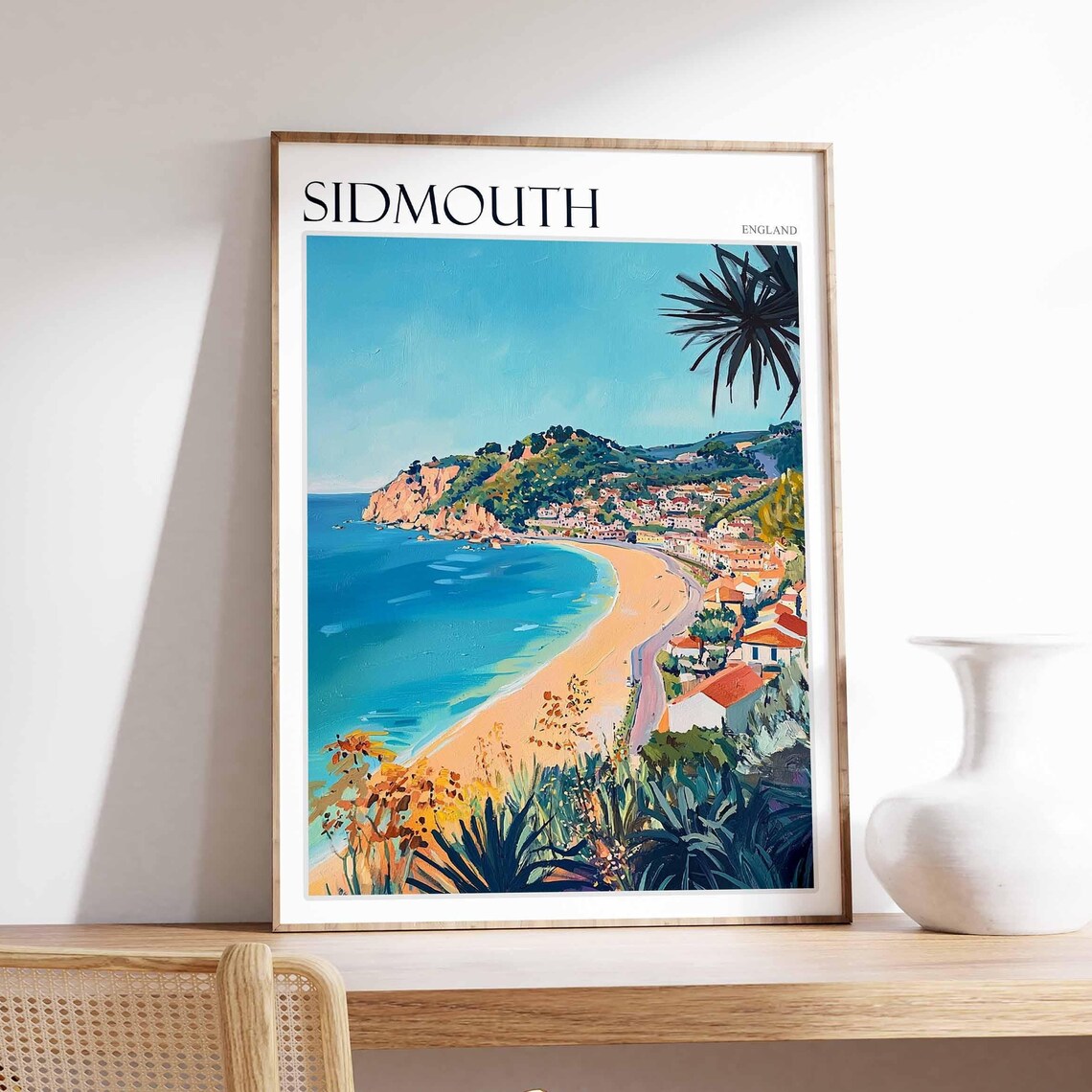 Sidmouth Curved Sandy Bay Coastal Travel Poster England Town