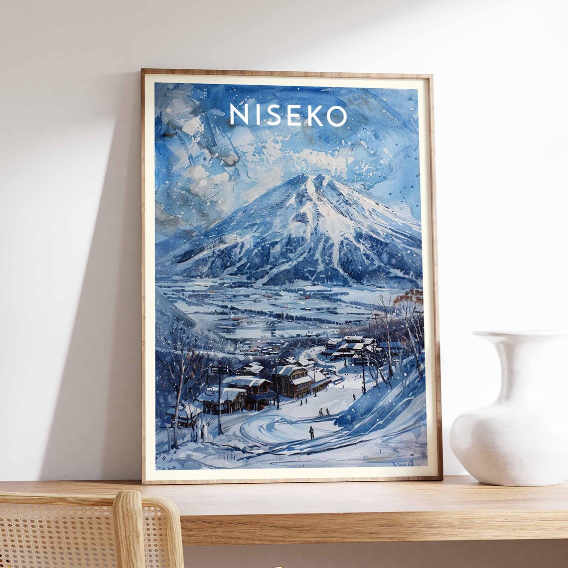 Niseko Japan Blue Watercolor Peak Wide Valley Village Ski Travel Poster