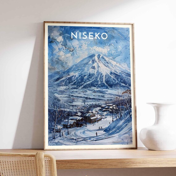 Niseko Japan Blue Watercolor Peak Wide Valley Village Ski Travel Poster