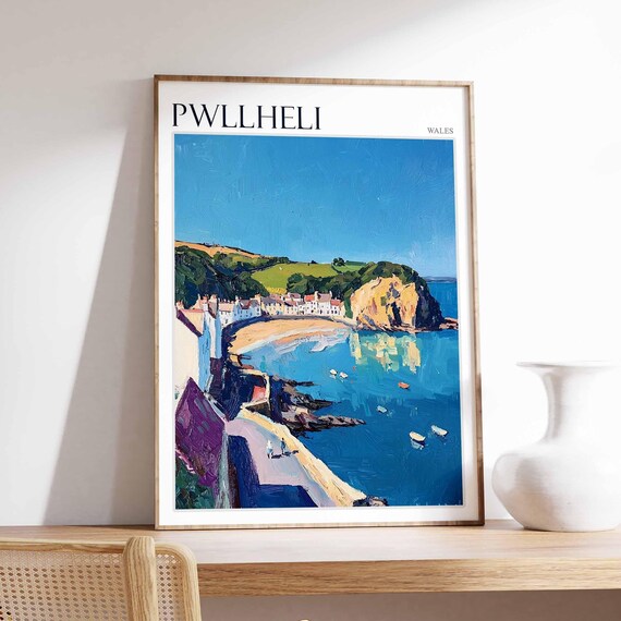Pwllheli Wales Sunlit Bay Boats Village Rocky Headland Path Poster