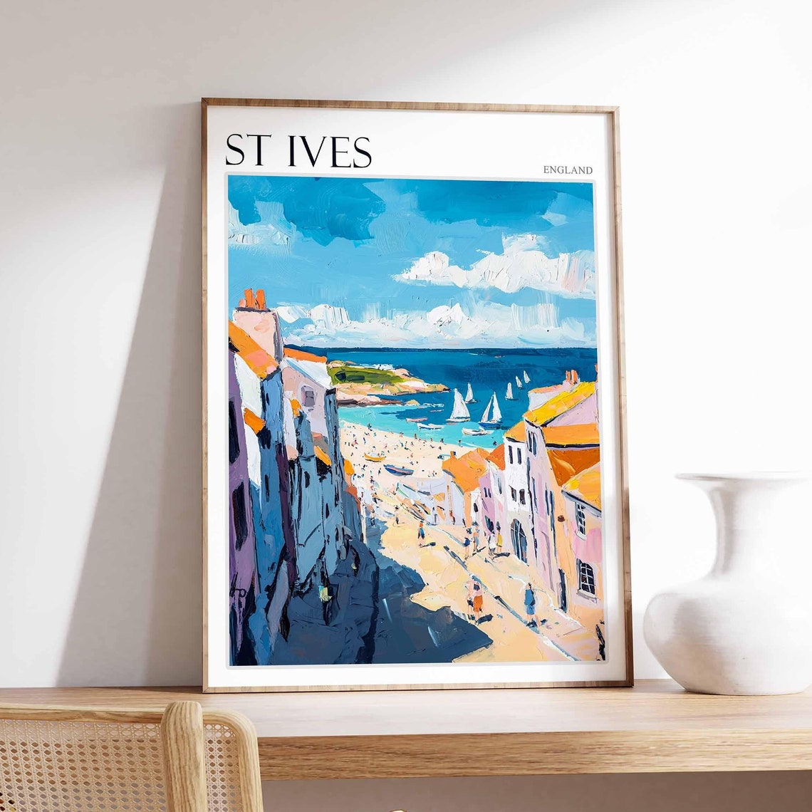 St Ives England Steep Street to Harbor Sailboats View Poster