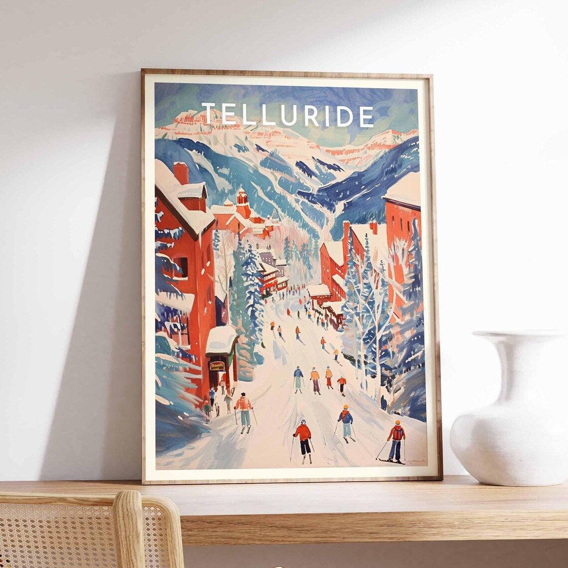 Telluride Busy Ski Street Between Red Timber Buildings Poster