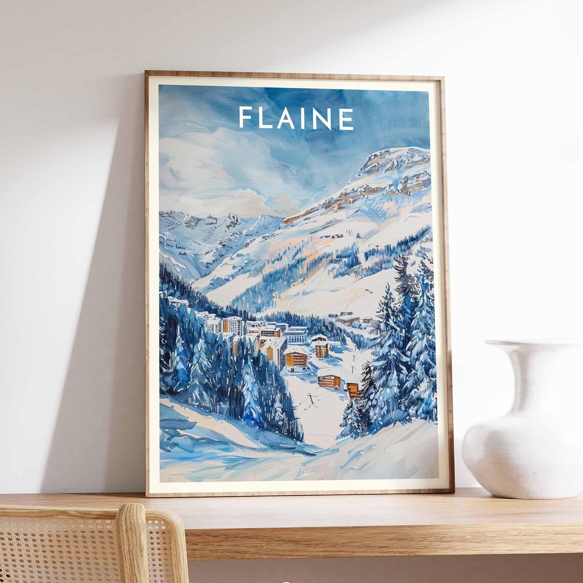 Flaine France Watercolor Ski Resort Pines Mountain Peaks Poster - Image 2