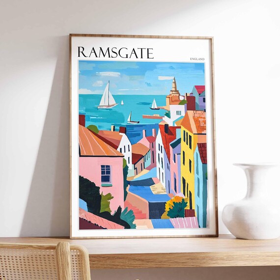 Ramsgate England Steep Street Colorful Houses Sailboats Sea Poster
