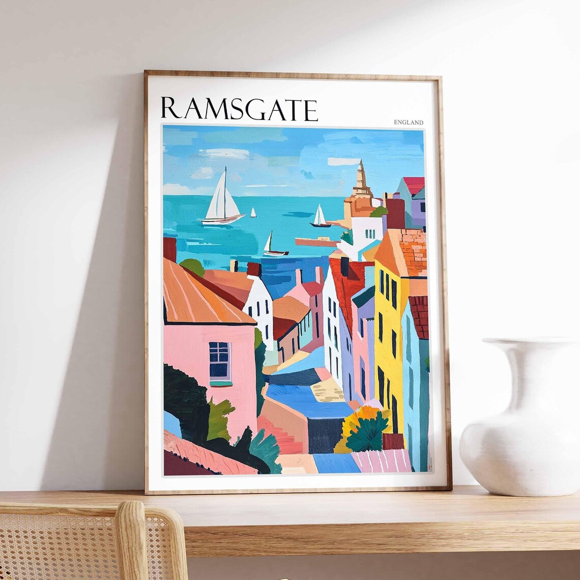 Ramsgate England Steep Street Colorful Houses Sailboats Sea Poster