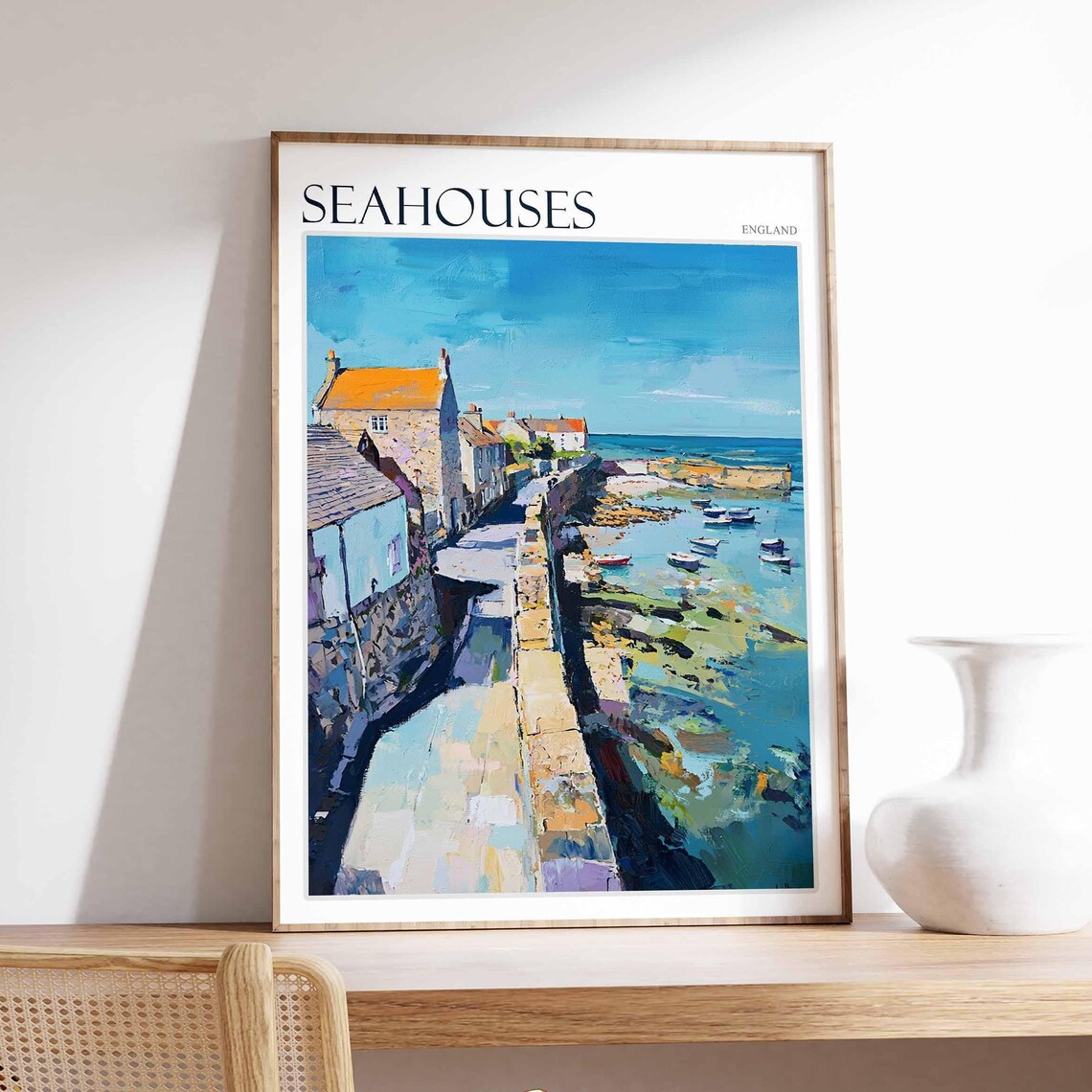 Seahouses Stone Pier Harbour Path Cottages Poster England Seaside