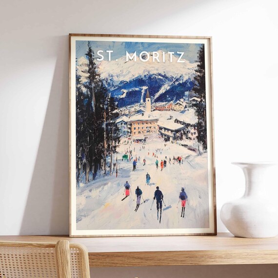St. Moritz Switzerland Bold Oil Skiers Descending Slopes Poster