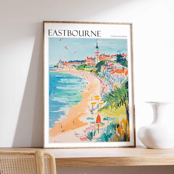 Eastbourne Sunny Beach Parasols Clock Tower Promenade Painting Poster