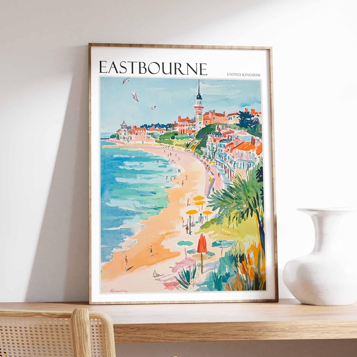 Eastbourne Sunny Beach Parasols Clock Tower Promenade Painting Poster