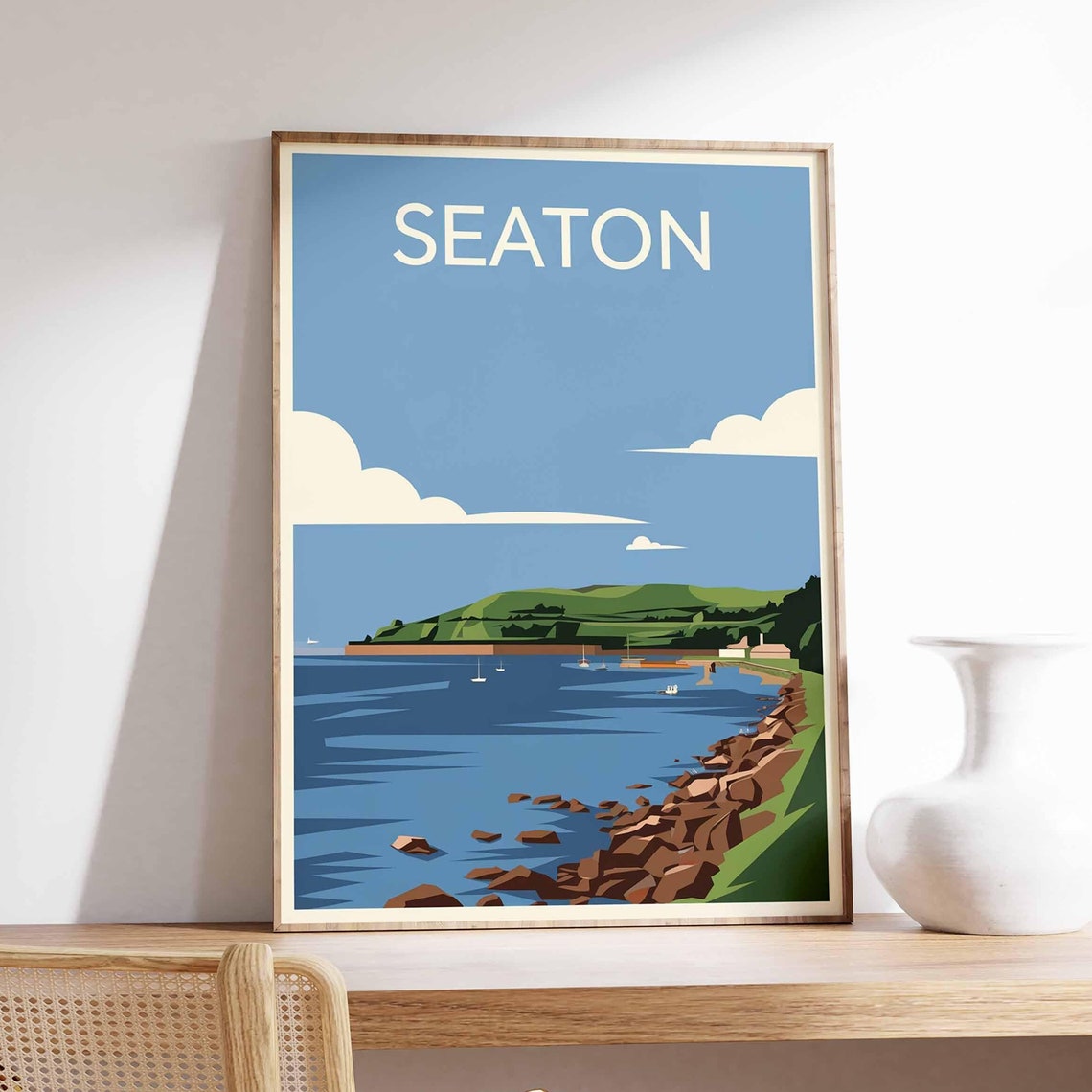 Seaton Devon Rocky Bay Coastal Scene Illustrated Travel Poster