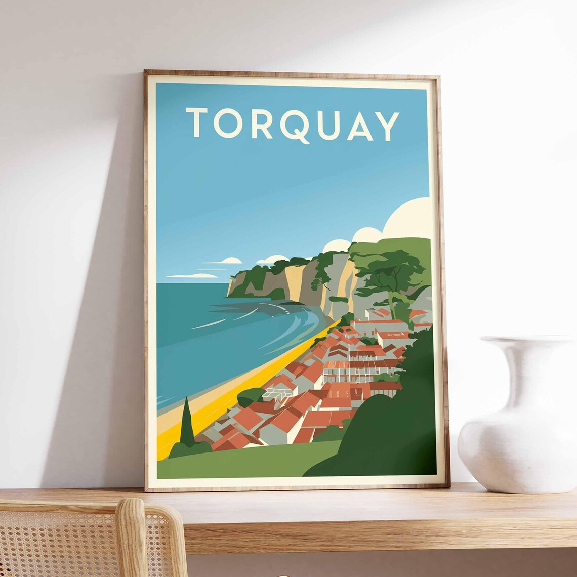 Torquay Beach and Red Roof Town Retro Coastal Travel Art Poster