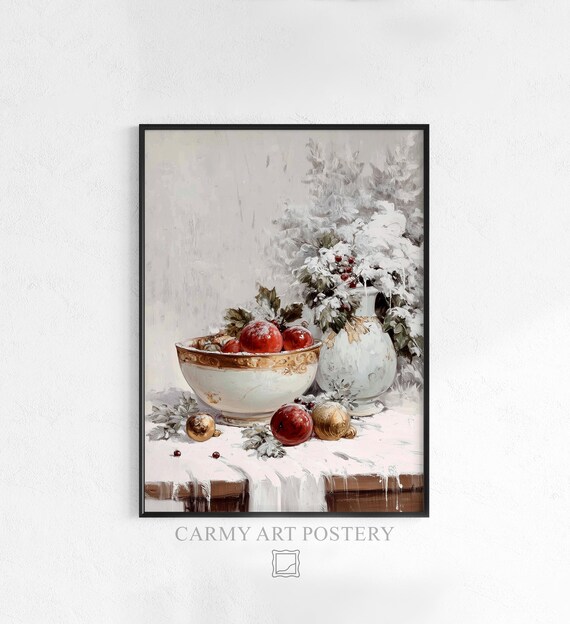 Vintage Christmas Still Life with Bowl of Red Fruit and Snow Poster