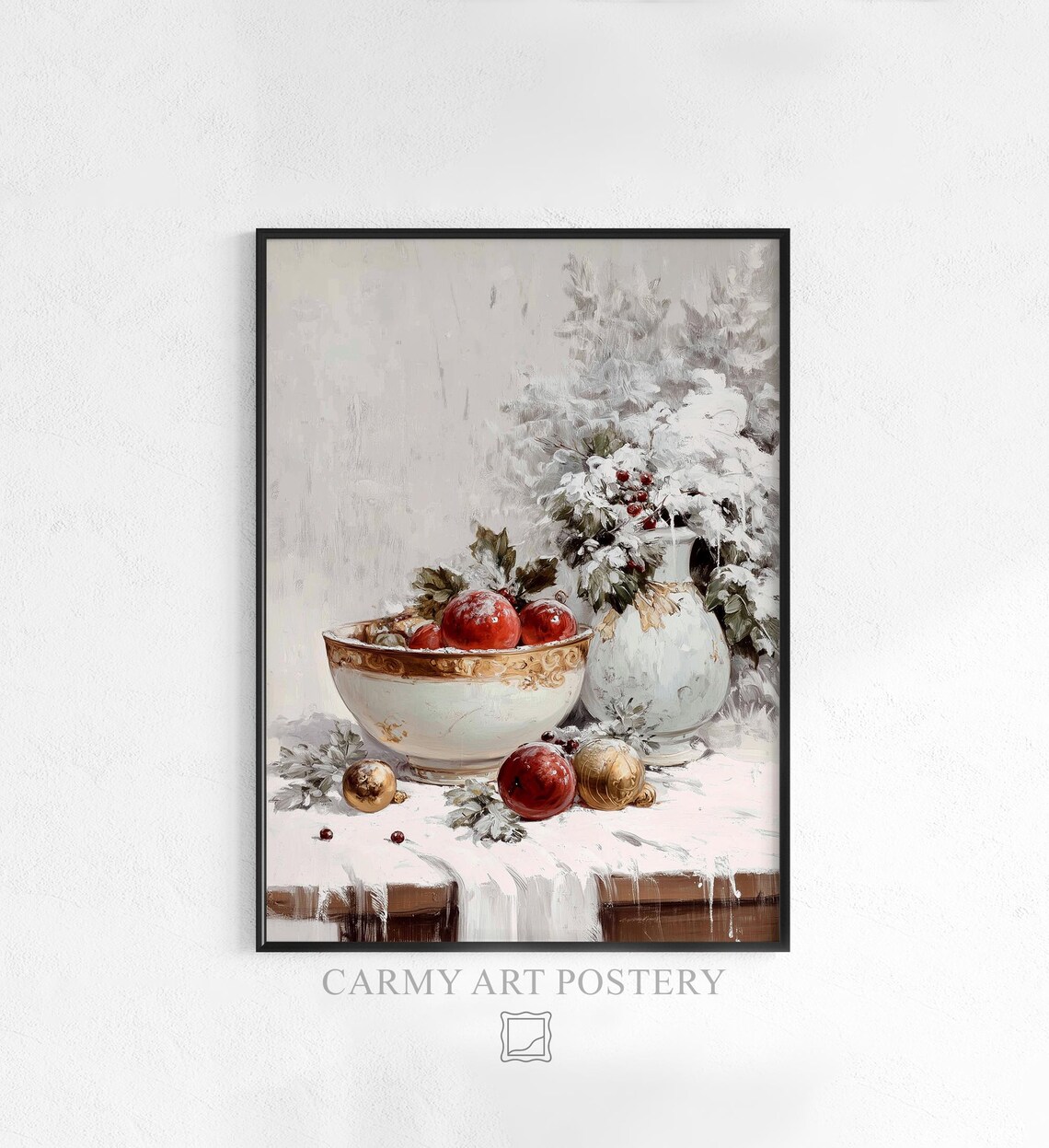 Vintage Christmas Still Life with Bowl of Red Fruit and Snow Poster