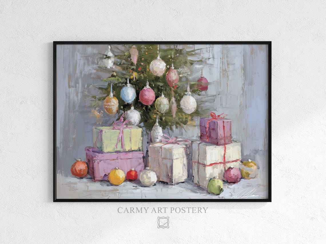 Pastel Christmas Tree With Gifts Impressionist Holiday Wall Art