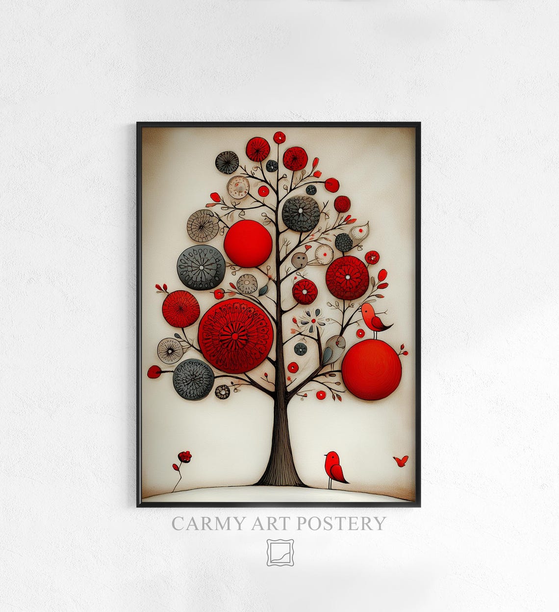 Modern Red and Gray Christmas Tree Folk Art Birds Holiday Print