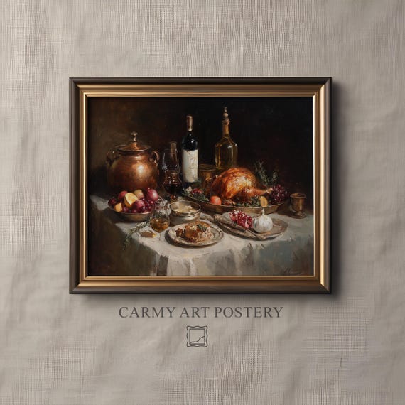 Classic Holiday Feast Still Life Vintage Cozy Wall Art Festive Tabletop Decor Warm Moody Painting 1072